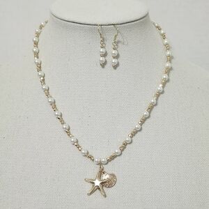 Faux Pearl Gold Tone Bead Necklace and Earring Set Starfish Shell Beach Oacen